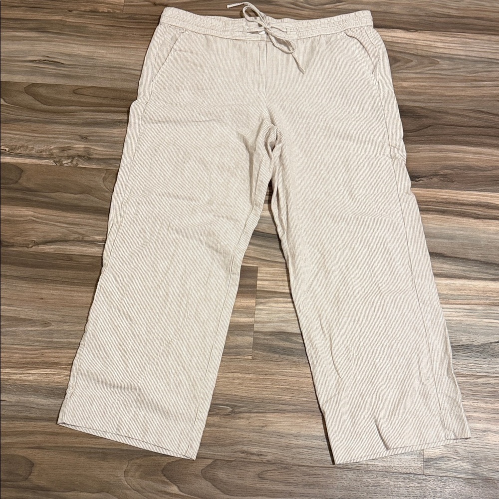 Talbots Pants Linen Blend Tan White Striped Wide Leg Ankle Women’s Sz. 14
